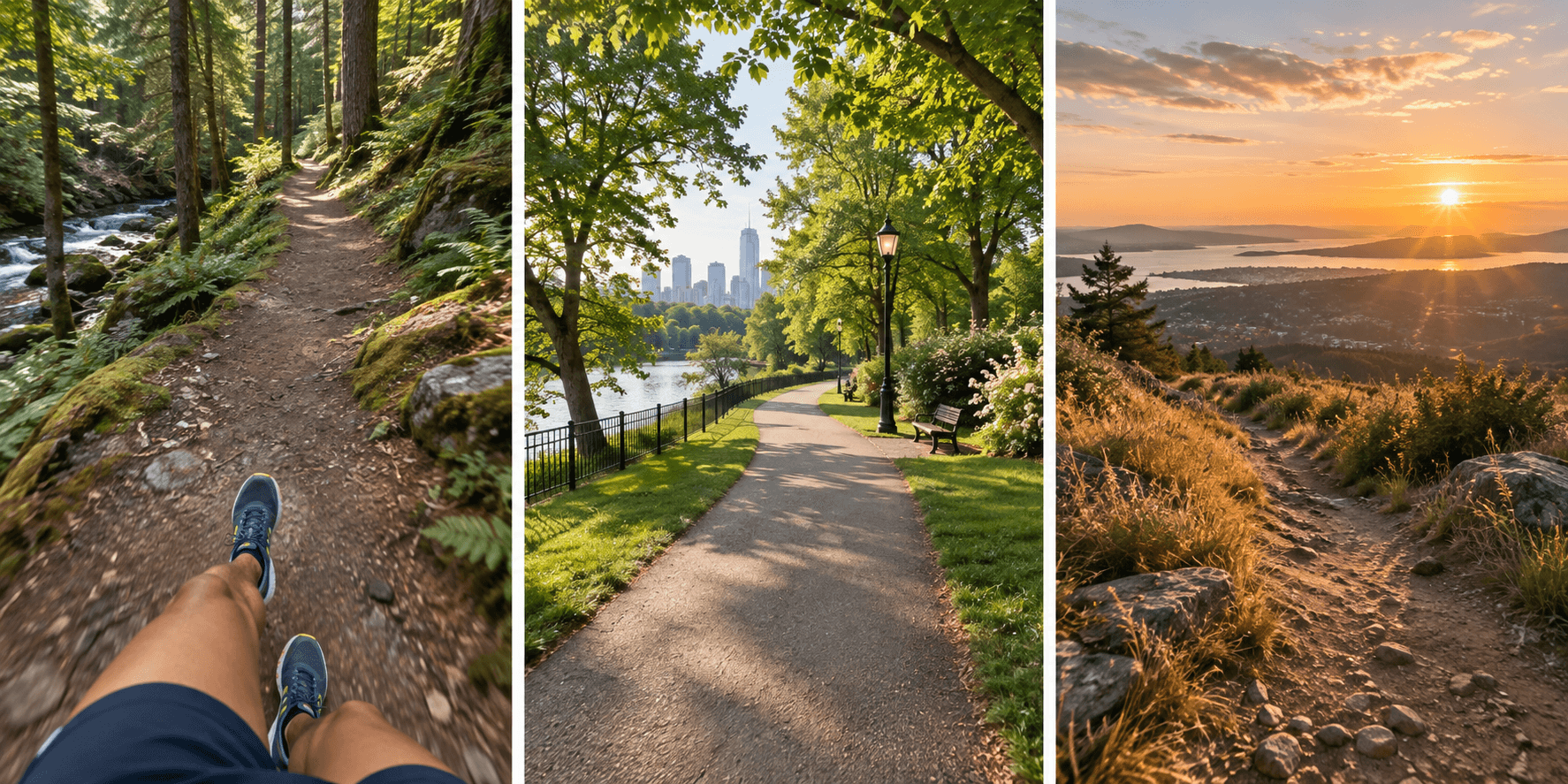Moments along a woodland trail, a park path and a hill at sunset