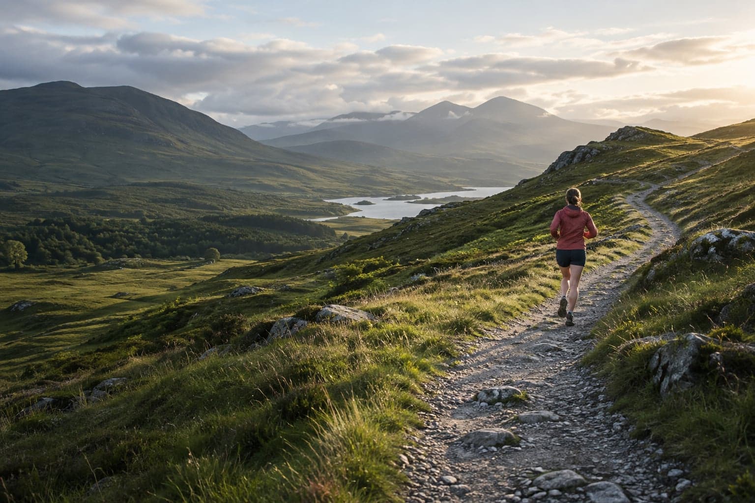 A runner following a winding trail through green hills
